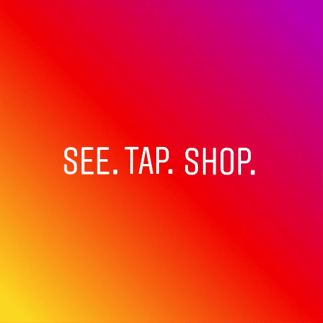 Una slide del blog di Instagram che introduce la funzionalità Instagram Shopping Stories e che dice: Guarda. Clicca. Acquista.